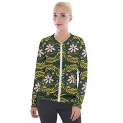 Folk Flowers Print Floral Pattern Ethnic Art Velvet Zip Up Jacket by Eskimos