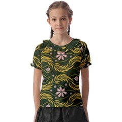 Folk Flowers Print Floral Pattern Ethnic Art Kids  Frill Chiffon Blouse by Eskimos