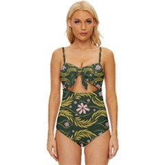 Folk Flowers Print Floral Pattern Ethnic Art Knot Front One-piece Swimsuit by Eskimos