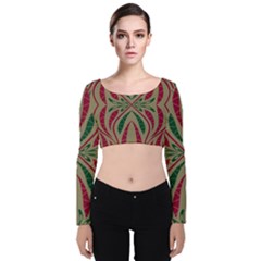 Folk Flowers Print Floral Pattern Ethnic Art Velvet Long Sleeve Crop Top by Eskimos