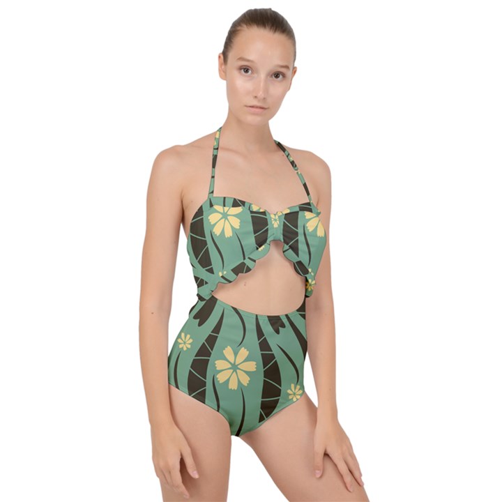 Folk flowers print Floral pattern Ethnic art Scallop Top Cut Out Swimsuit