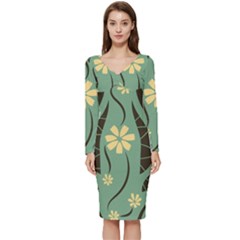 Folk Flowers Print Floral Pattern Ethnic Art Long Sleeve V-neck Bodycon Dress 