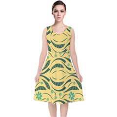 Folk Flowers Print Floral Pattern Ethnic Art V-neck Midi Sleeveless Dress  by Eskimos