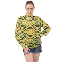 Folk Flowers Print Floral Pattern Ethnic Art High Neck Long Sleeve Chiffon Top by Eskimos