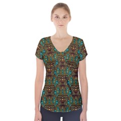 Artworks Pattern Leather Lady In Gold And Flowers Short Sleeve Front Detail Top by pepitasart