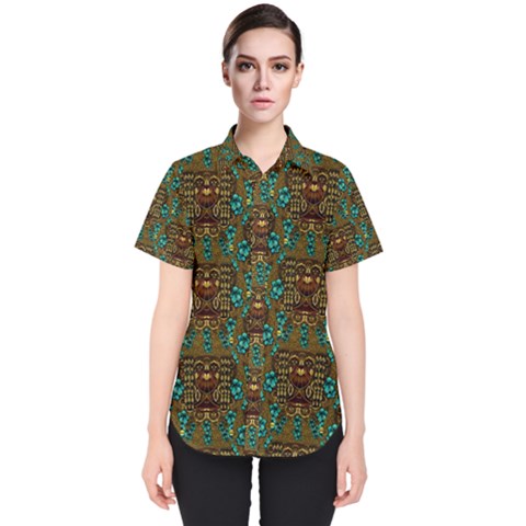 Artworks Pattern Leather Lady In Gold And Flowers Women s Short Sleeve Shirt by pepitasart