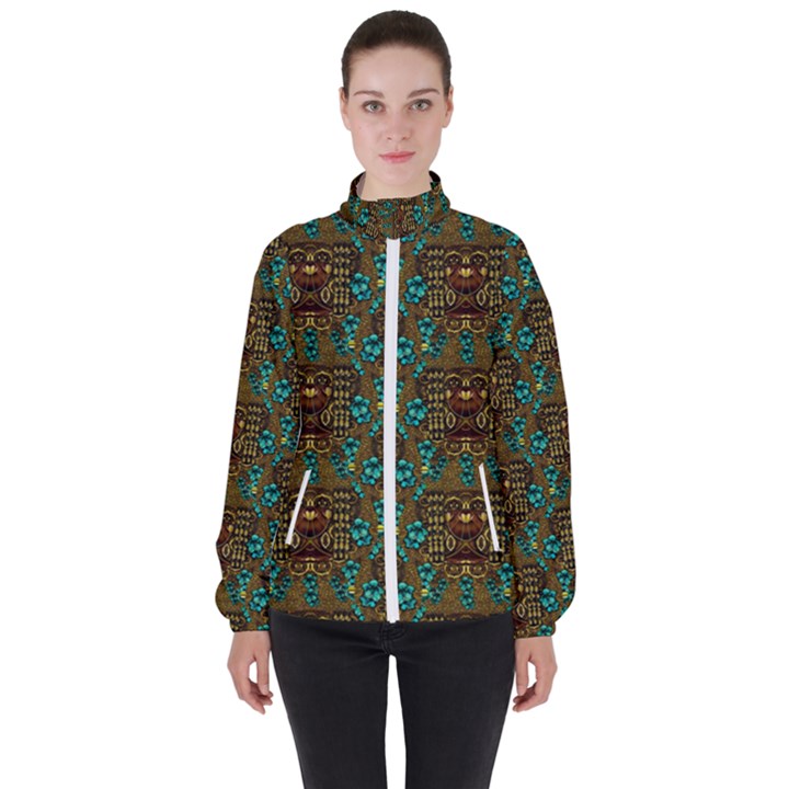 Artworks Pattern Leather Lady In Gold And Flowers Women s High Neck Windbreaker