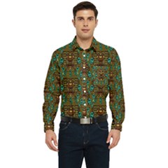 Artworks Pattern Leather Lady In Gold And Flowers Men s Long Sleeve Pocket Shirt  by pepitasart