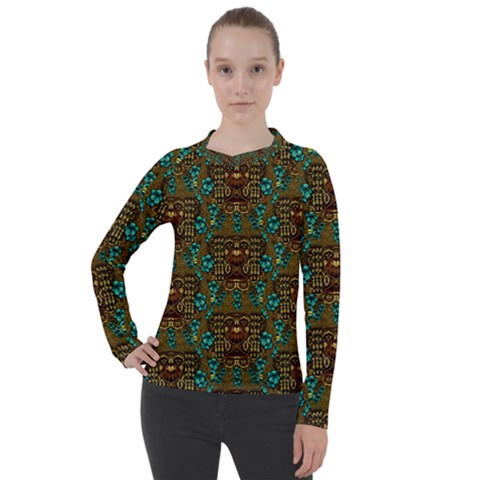 Artworks Pattern Leather Lady In Gold And Flowers Women s Pique Long Sleeve Tee by pepitasart