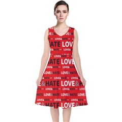 Love And Hate Typographic Design Pattern V-neck Midi Sleeveless Dress 