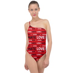 Love And Hate Typographic Design Pattern Classic One Shoulder Swimsuit by dflcprintsclothing