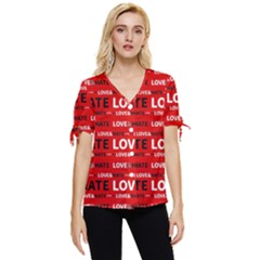 Love And Hate Typographic Design Pattern Bow Sleeve Button Up Top