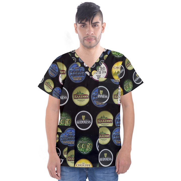 Beer Brands Logo Pattern Men s V-Neck Scrub Top