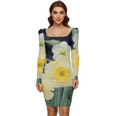 Daffodils In Bloom Women Long Sleeve Ruched Stretch Jersey Dress by thedaffodilstore