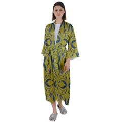 Folk Flowers Print Floral Pattern Ethnic Art Maxi Satin Kimono by Eskimos