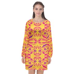 Folk Flowers Print Floral Pattern Ethnic Art Long Sleeve Chiffon Shift Dress  by Eskimos