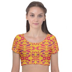 Folk Flowers Print Floral Pattern Ethnic Art Velvet Short Sleeve Crop Top  by Eskimos