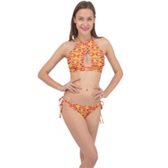 Folk Flowers Print Floral Pattern Ethnic Art Cross Front Halter Bikini Set by Eskimos