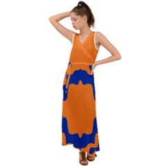 Blue Doodles On Orange V-neck Chiffon Maxi Dress by FunDressesShop