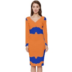 Blue Doodles On Orange Long Sleeve V-neck Bodycon Dress 