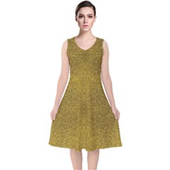 Gold Glitter V-neck Midi Sleeveless Dress  by FunDressesShop