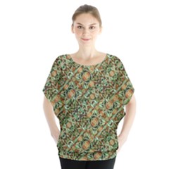 Colorful Stylized Botanic Motif Pattern Batwing Chiffon Blouse