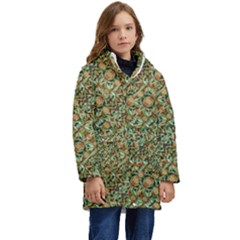 Colorful Stylized Botanic Motif Pattern Kid s Hooded Longline Puffer Jacket