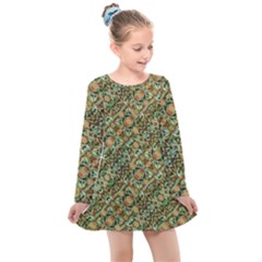 Colorful Stylized Botanic Motif Pattern Kids  Long Sleeve Dress