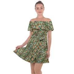 Colorful Stylized Botanic Motif Pattern Off Shoulder Velour Dress