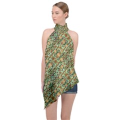 Colorful Stylized Botanic Motif Pattern Halter Asymmetric Satin Top