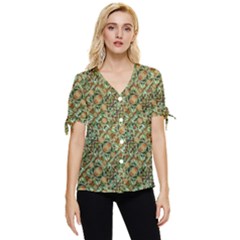 Colorful Stylized Botanic Motif Pattern Bow Sleeve Button Up Top