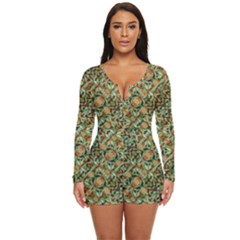 Colorful Stylized Botanic Motif Pattern Long Sleeve Boyleg Swimsuit