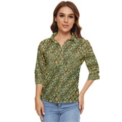 Colorful Stylized Botanic Motif Pattern Women s Quarter Sleeve Pocket Shirt