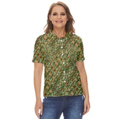 Colorful Stylized Botanic Motif Pattern Women s Short Sleeve Double Pocket Shirt