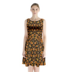 Brown Paisley Black Sleeveless Waist Tie Chiffon Dress by FunDressesShop