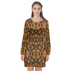 Brown Paisley Black Long Sleeve Chiffon Shift Dress  by FunDressesShop