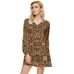 Brown Paisley Black Tiered Long Sleeve Mini Dress