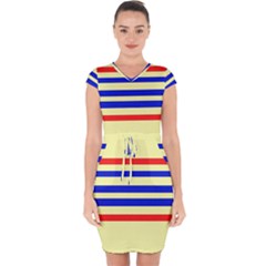 Blue And Red Stripes Yellow Capsleeve Drawstring Dress 