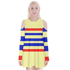 Blue And Red Stripes Yellow Velvet Long Sleeve Shoulder Cutout Dress by FunDressesShop