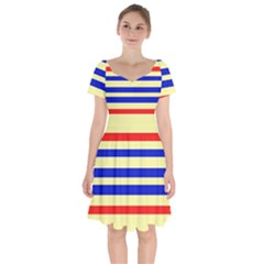 Blue And Red Stripes Yellow Short Sleeve Bardot Dress by FunDressesShop