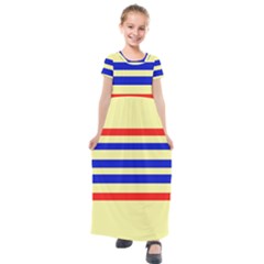 Blue And Red Stripes Yellow Kids  Short Sleeve Maxi Dress by FunDressesShop