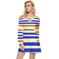 Blue And Red Stripes Yellow Tiered Long Sleeve Mini Dress