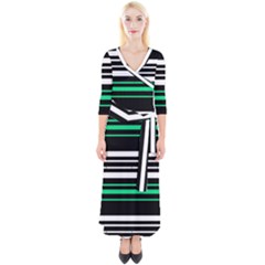 Green And White Black Stripes Quarter Sleeve Wrap Maxi Dress by FunDressesShop