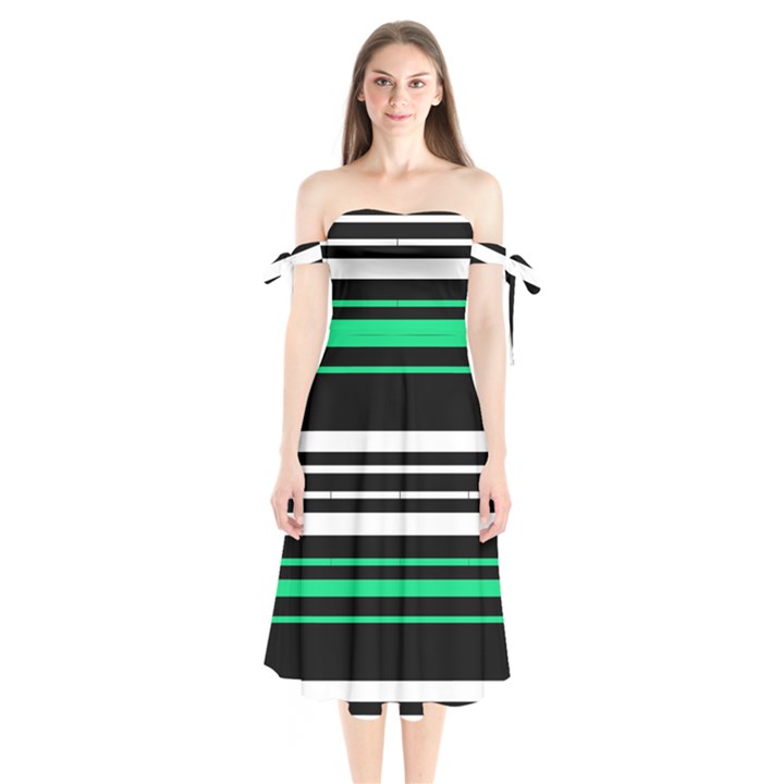 Green and white black Stripes Shoulder Tie Bardot Midi Dress