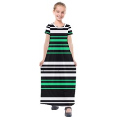 Green And White Black Stripes Kids  Short Sleeve Maxi Dress by FunDressesShop