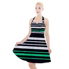 Green And White Black Stripes Halter Party Swing Dress  by FunDressesShop