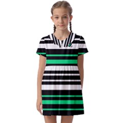 Green And White Black Stripes Kids  Asymmetric Collar Dress