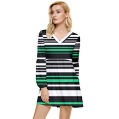 Green And White Black Stripes Tiered Long Sleeve Mini Dress