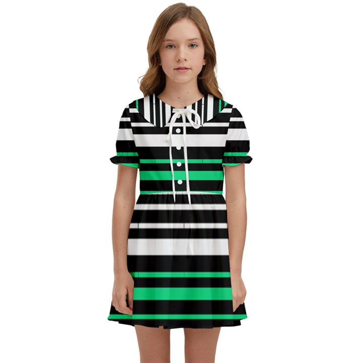 Green and white black Stripes Kids  Sweet Collar Dress