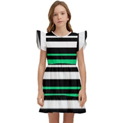 Green And White Black Stripes Kids  Winged Sleeve Dress